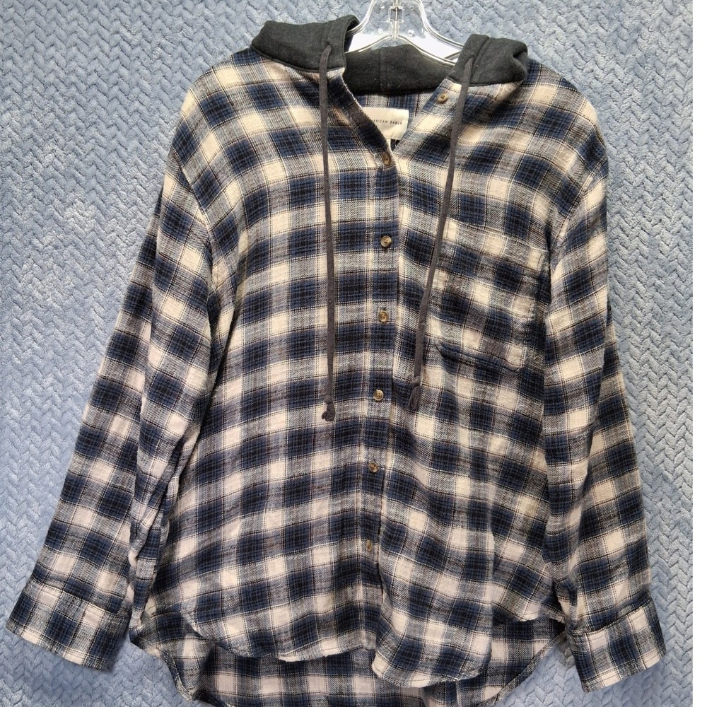 American Eagle Blue Plaid Hooded Flannel Shirt Mens Medium Grey Hood Button Up